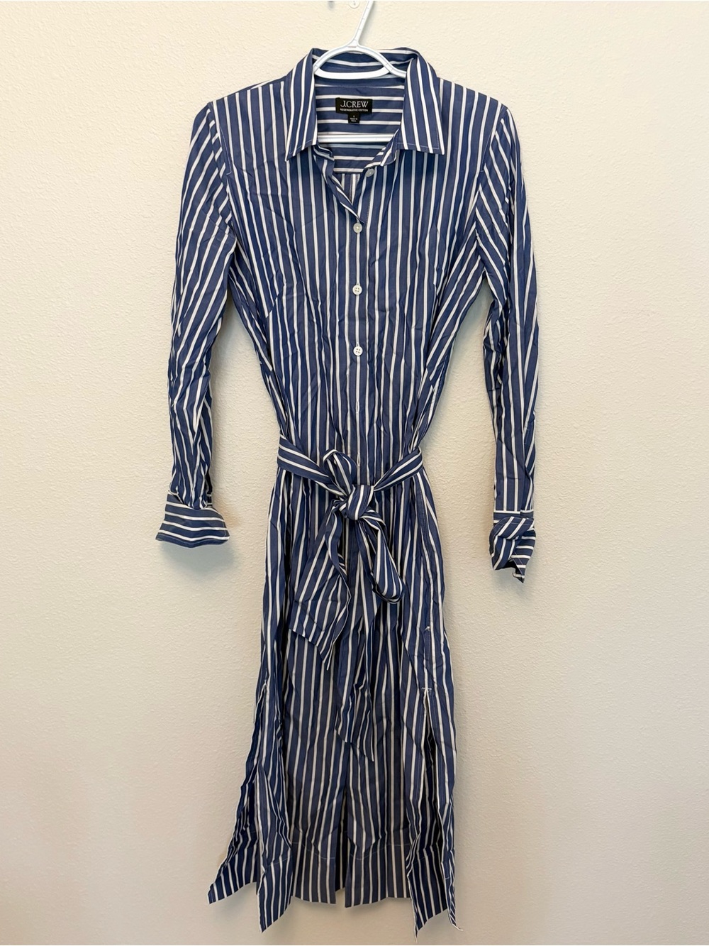 J. Crew Button Shirt Dress 100% Cotton Poplin Blue White Stripe Belted Size 6